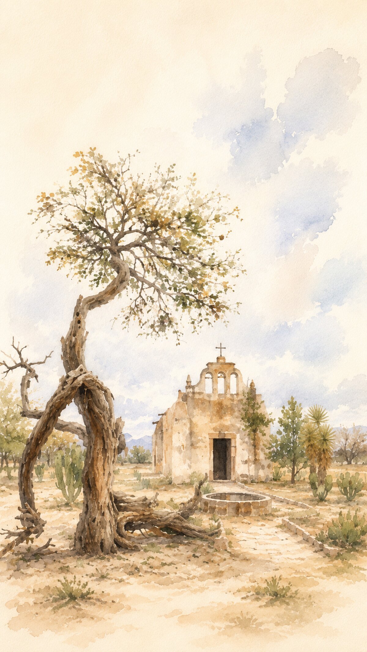 Acuarela de la capilla y la fuente de la Hacienda Pozo de Luna